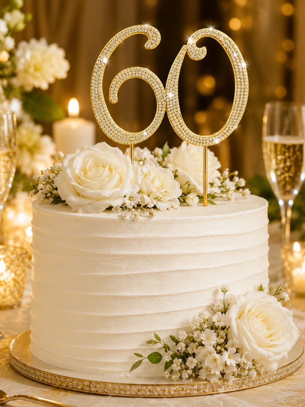 Rhinestone Cake Topper - Number 60 - Gold Metal with Czech Rhinestones